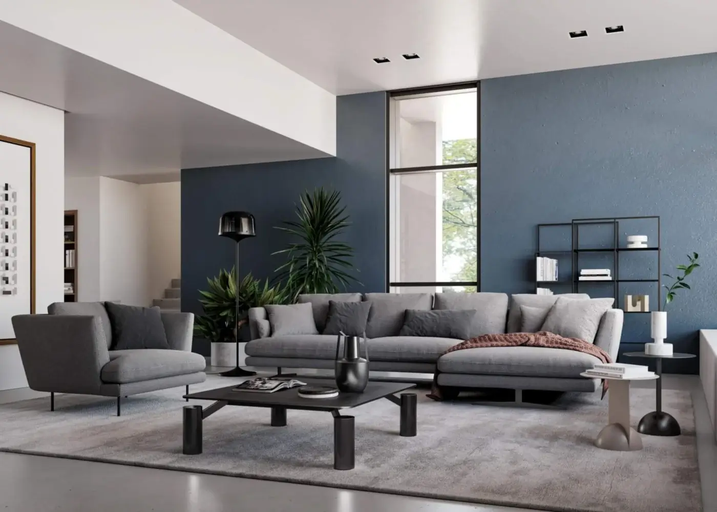 Exceptional Bonaldo Lars sectional with smooth matte gray textile upholstery and outward-inclined armrests built on a concealed base