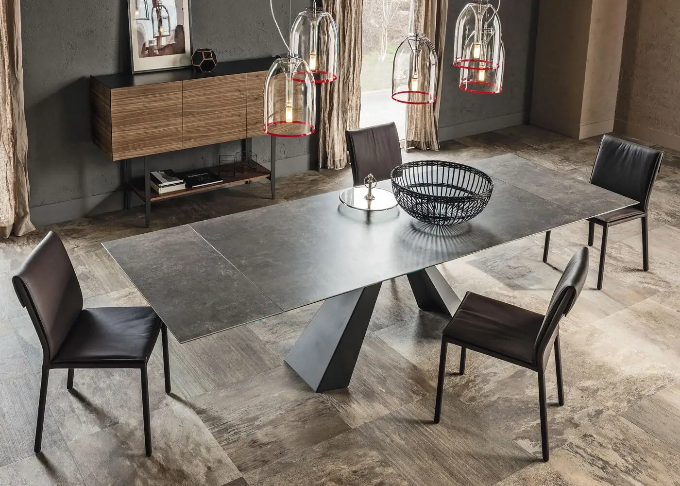 Sophisticated Cattelan Italia Eliot Keramik table with dark gray Ardesia Marmi ceramic top and black embossed lacquered steel base