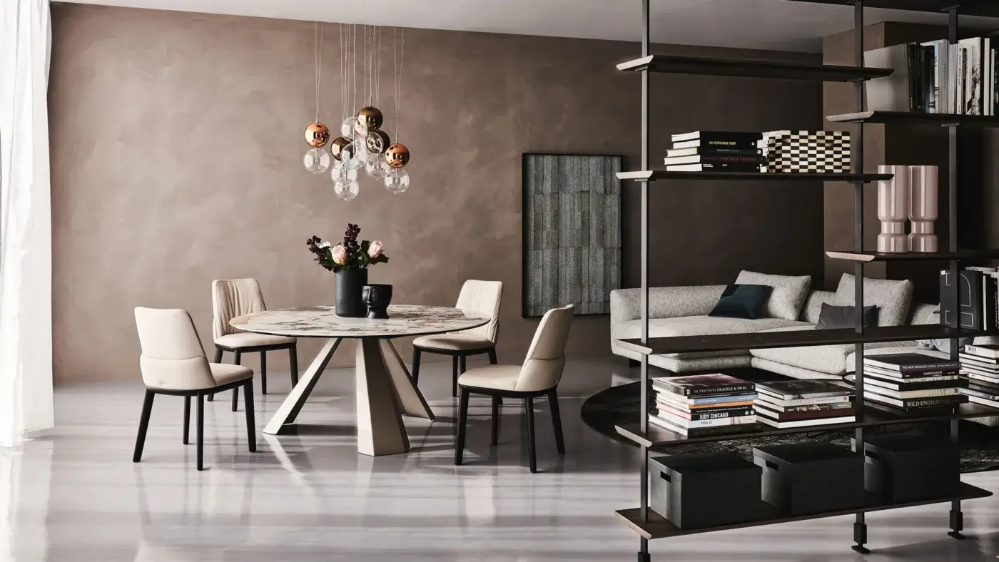 Distinguished Cattelan Italia Eliot Keramik table with geometric embossed lacquered steel base in graphite and patterned ceramic top