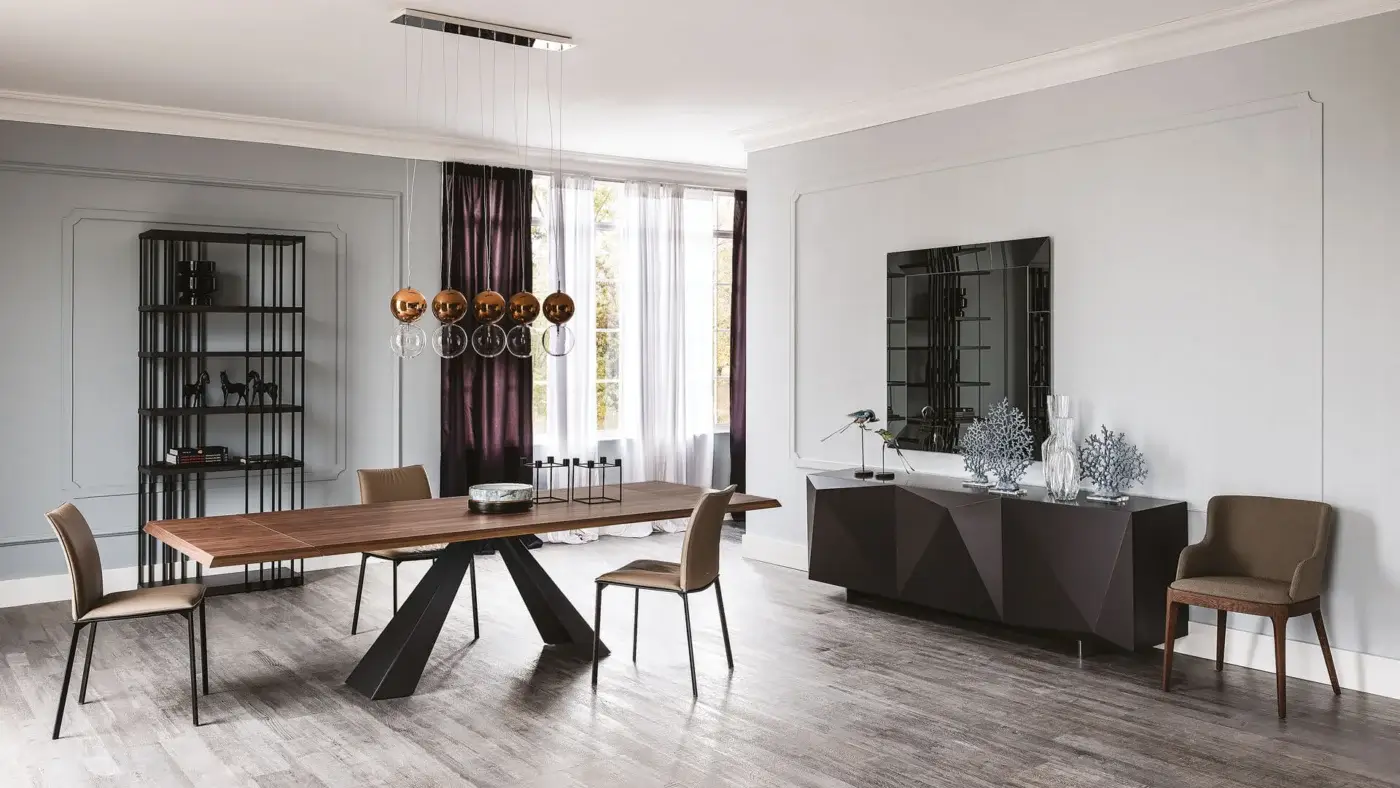 Exceptional Cattelan Italia Eliot Wood Drive table with matte black embossed steel and warm brown Canaletto walnut extensions