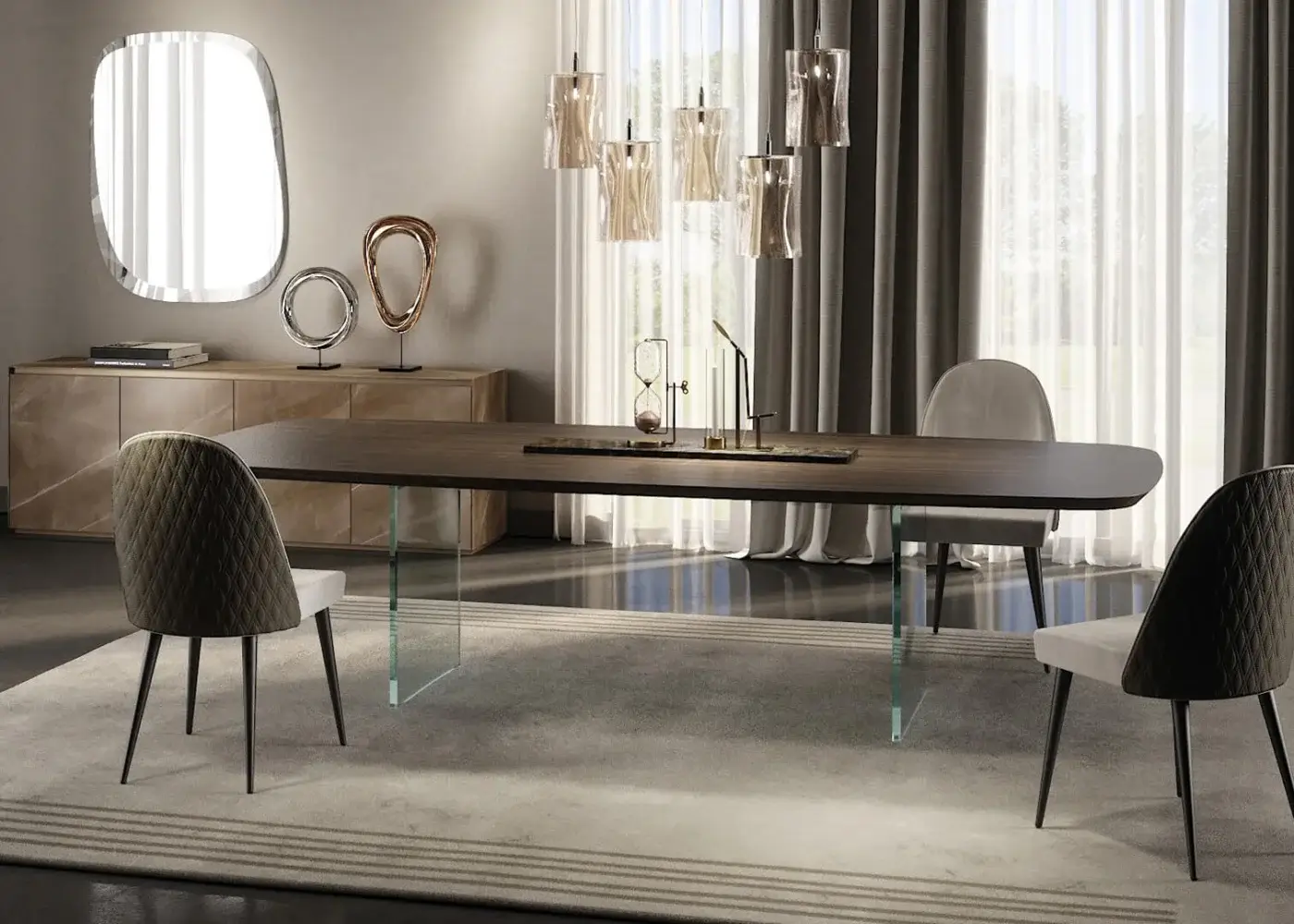 Elegant Reflex Dandolo suspension lamp in translucent amber Murano glass with delicate wire suspension