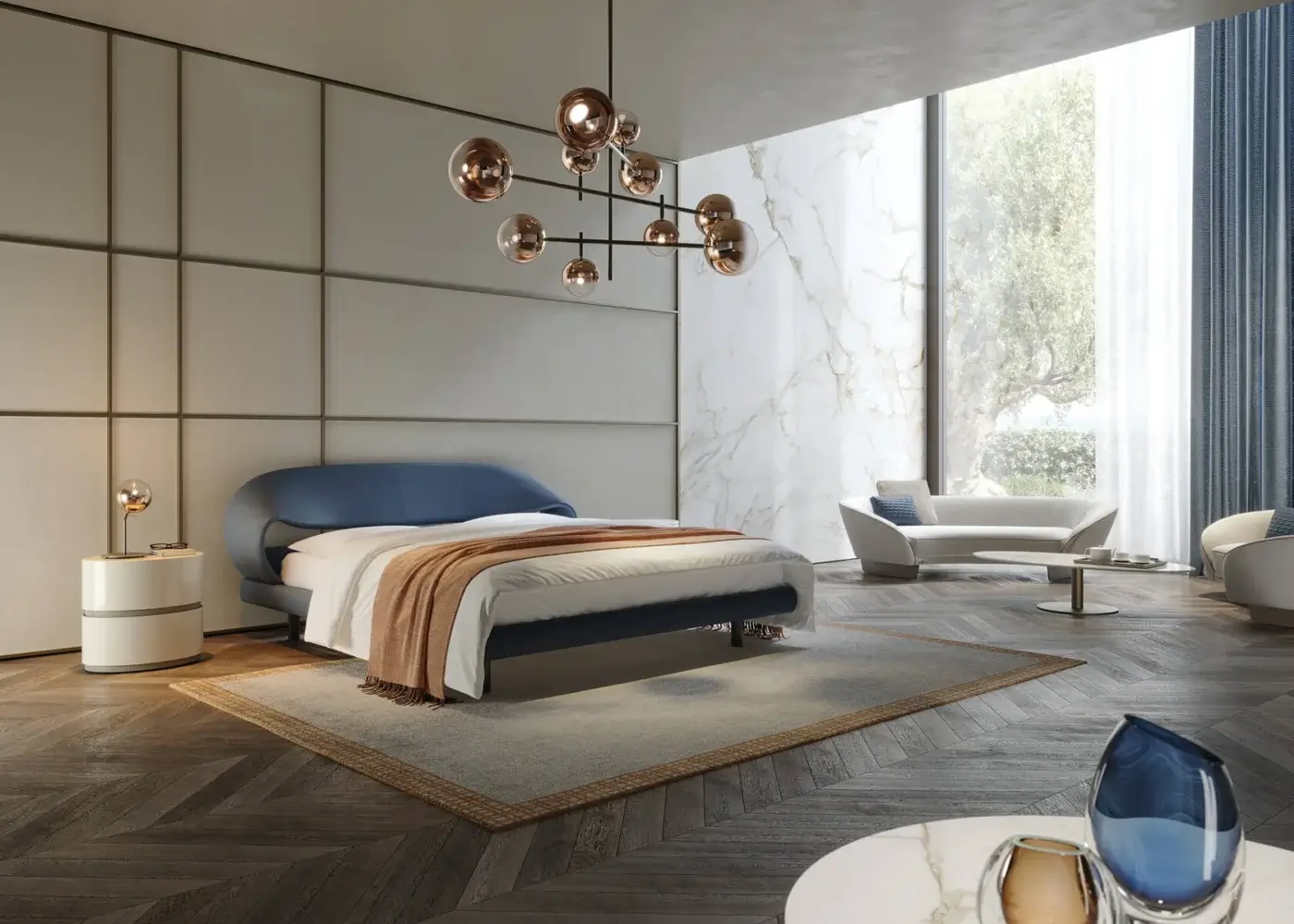 Distinguished Reflex Nuvola bed with curved headboard and sides upholstered in stylish blue textile with sleek matt black legs