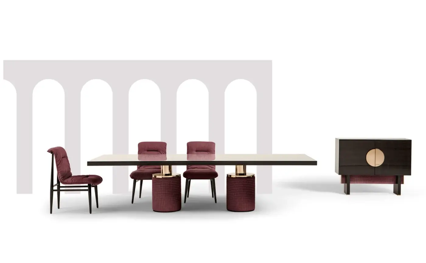 Superior Costantini Pietro Emily chair with curved wooden frame, deep maroon textile upholstery, and dark matte finish