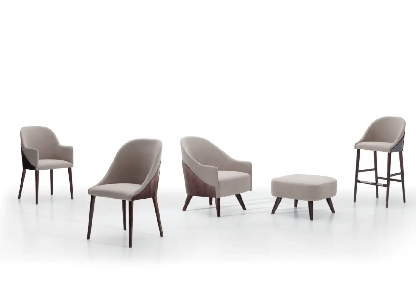 Harmonious Costantini Pietro Shell lounge chair upholstered in light gray textile with meticulously crafted matte-finished wooden legs