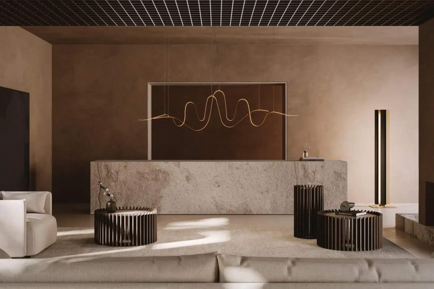 Superior VENICEM Bissa suspension lamp with délabré burnished brass structure and delicate steel cables