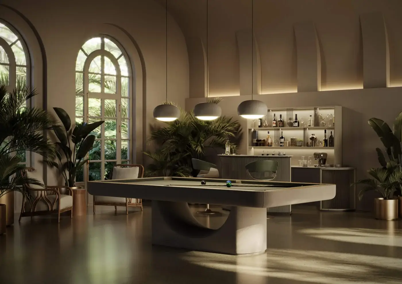 Vismaradesign pool table with light gray sculpted base, dark green felt, and blue ball, in a room with arched windows and pendant lights.