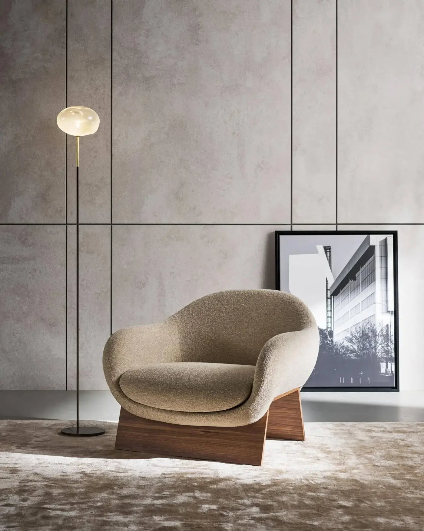 Captivating Bonaldo Boolean lounge chair with rounded light beige boucle fabric and veneered warm brown wood base
