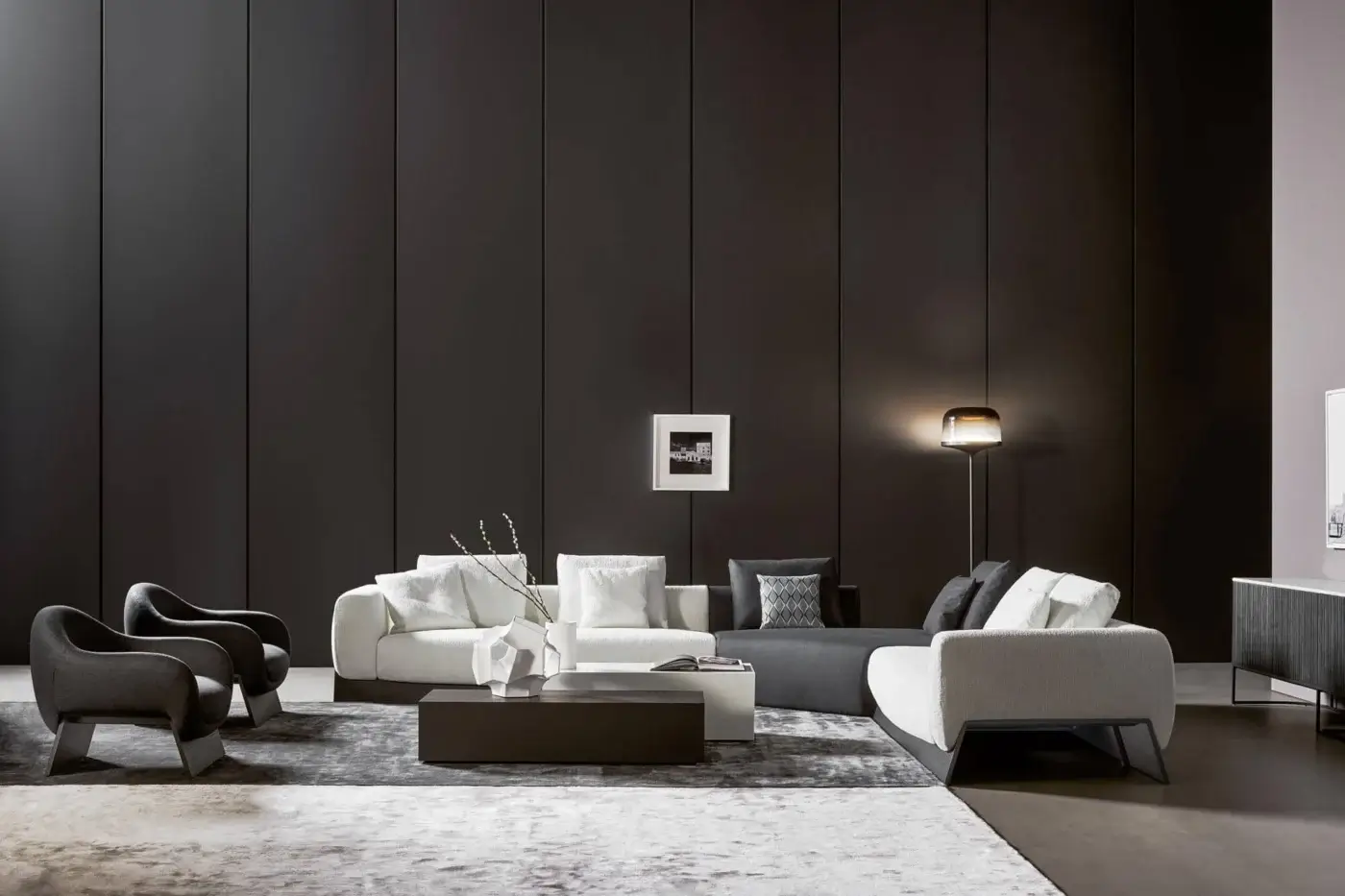 Superior Bonaldo Boolean lounge chair upholstered in dark gray fabric with a veneered wood base and metal reinforcement