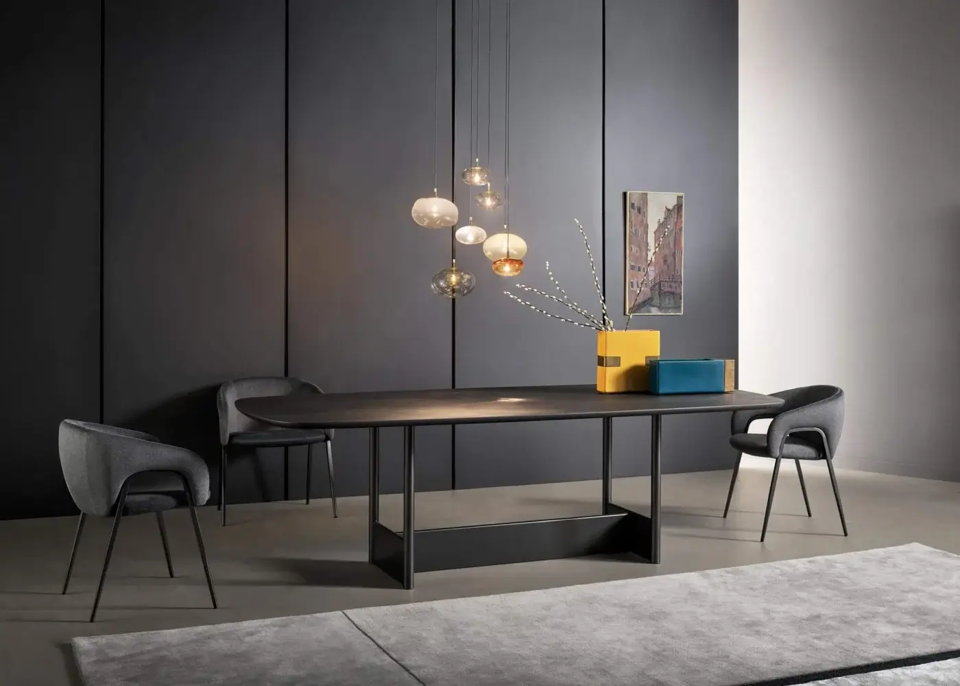Innovative Bonaldo Alley armchair with gray fabric upholstery and a bold metallic structure creating a sleek silhouette