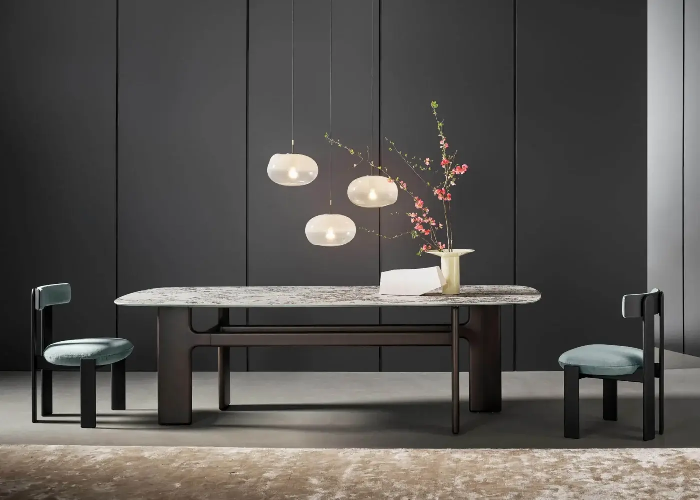 Distinguished Bonaldo Pi chair crafted in Italy with a light blue fabric cover and matte black wood structure