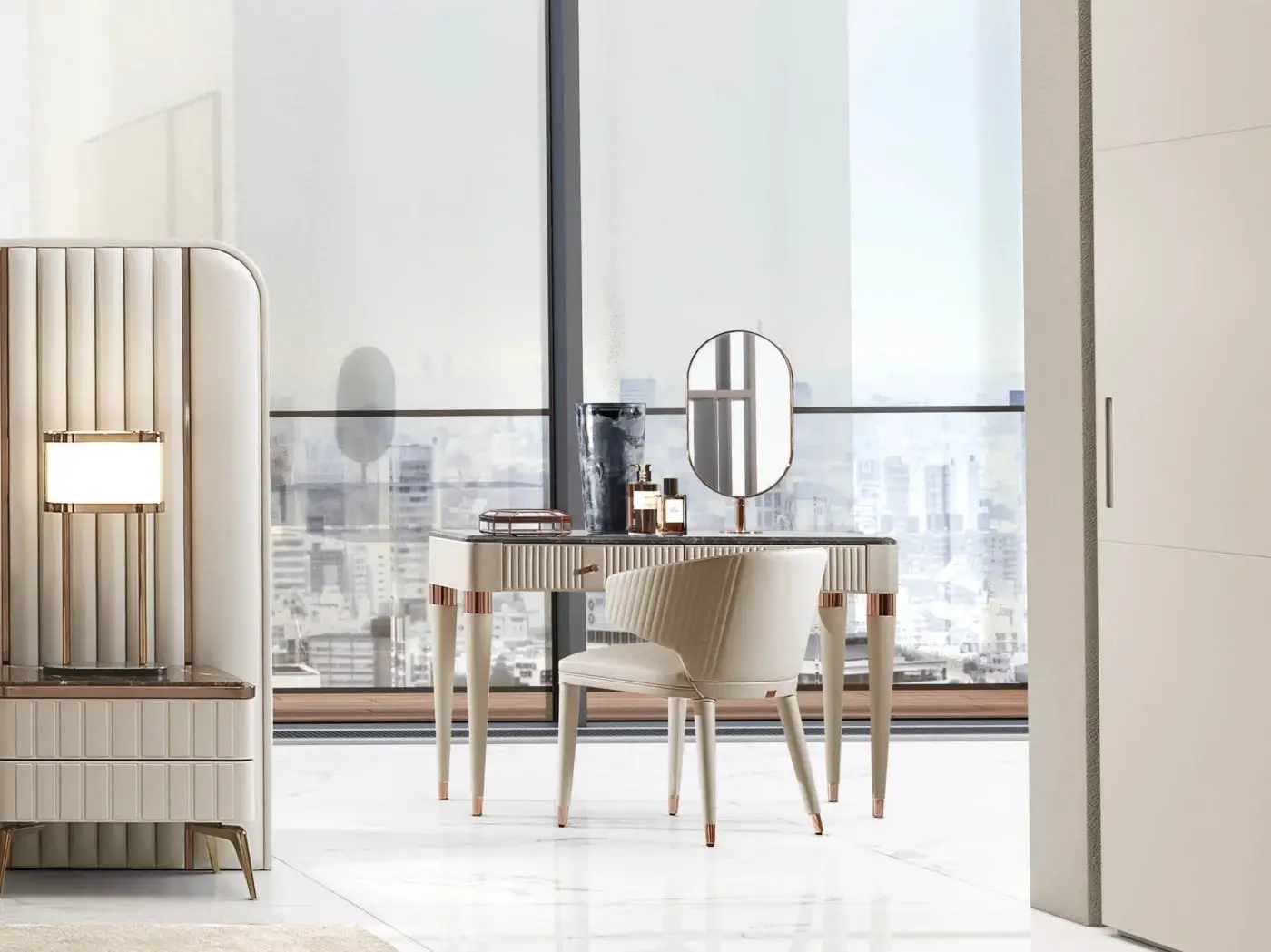 Exceptional DV Home Collection Hollywood chair with light beige textile and ribbed detailing in leather and matte metal accents