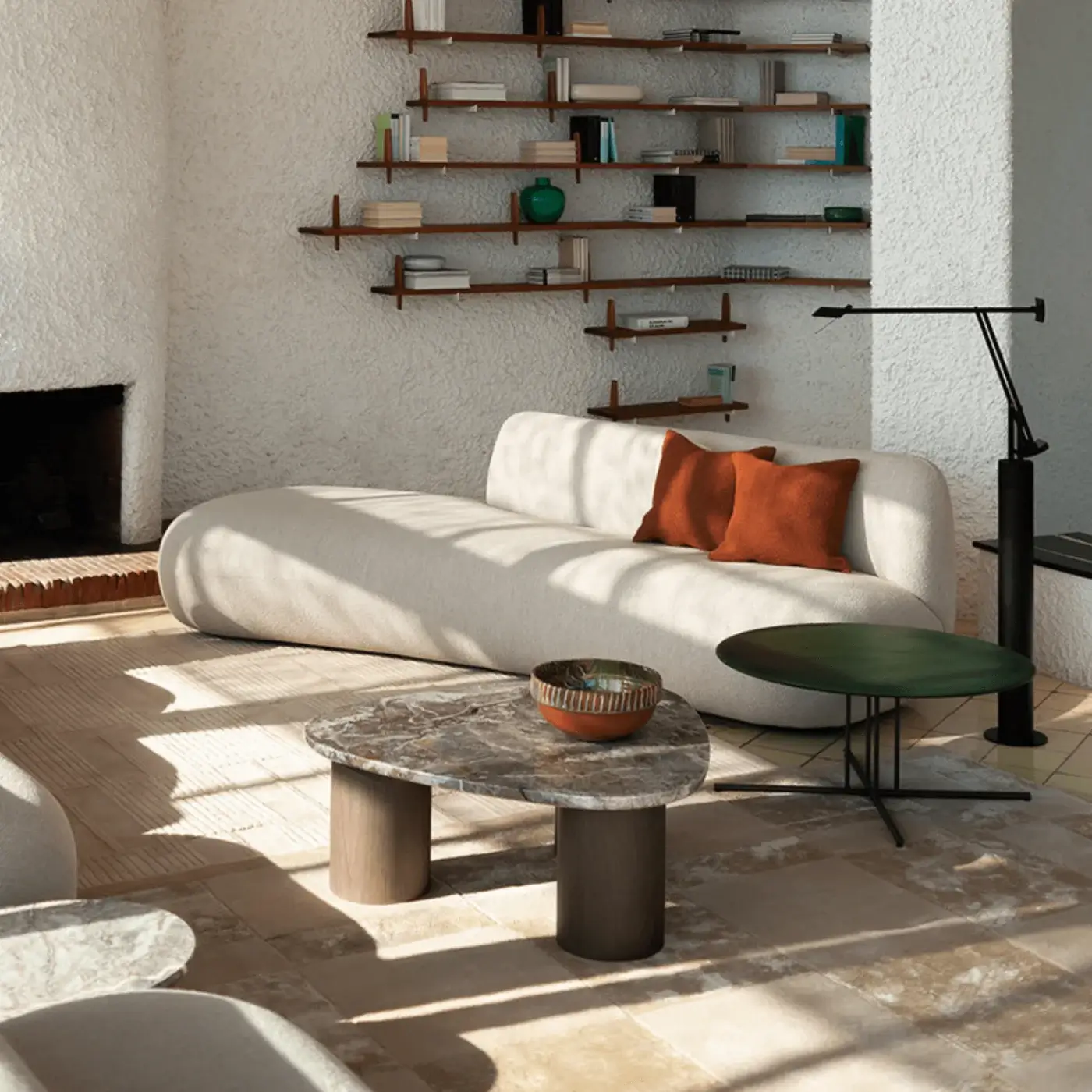Exceptional Potocco Jade sectional in light beige textile with matte finish and rust accent pillows