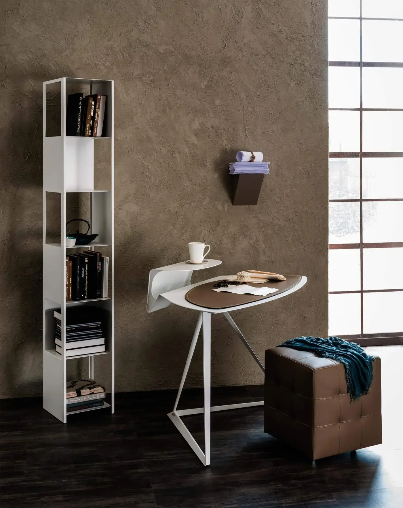 Superior Cattelan Italia Storm desk with titanium embossed lacquered steel supporting a rich brown surface