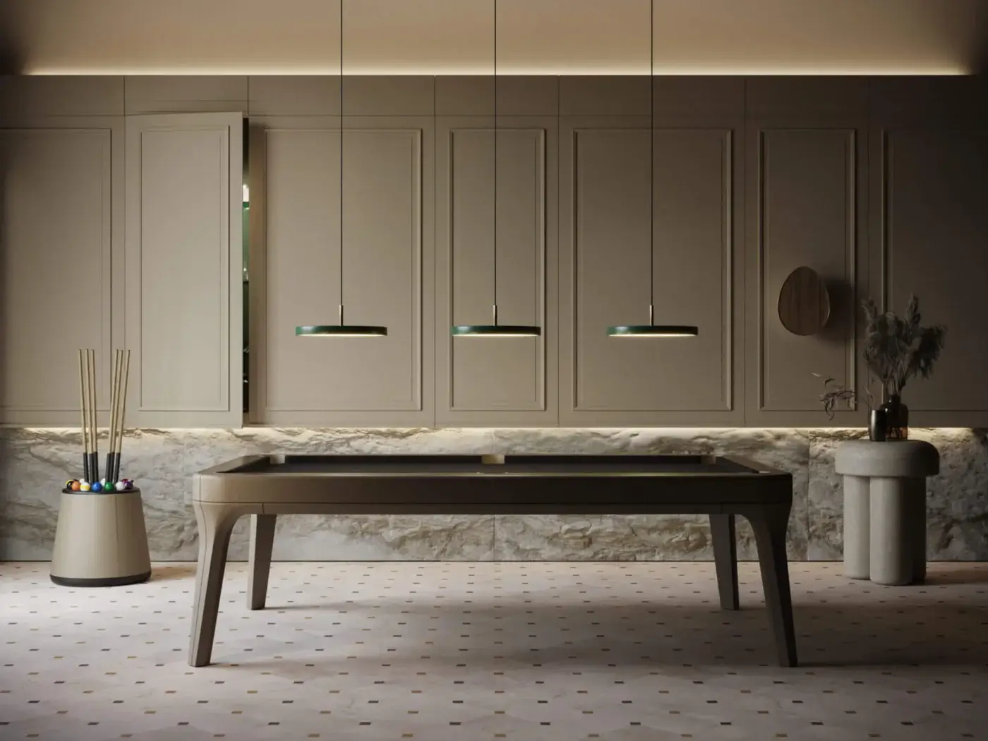 Pool table, dark green felt, gray frame, with tapered legs in a minimalist game room featuring beige cabinets and patterned tile flooring.