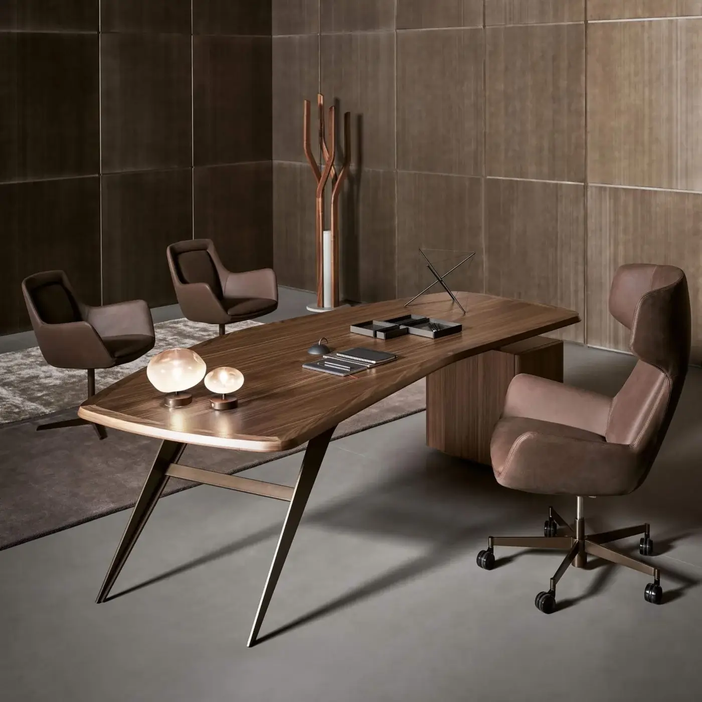 Distinguished Bonaldo Diver desk with curved wooden top, metal base and rounded drawer built in rich brown wood grain