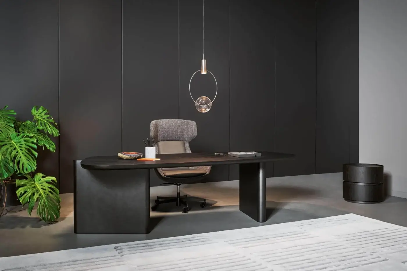 Elegant Bonaldo Flatiron desk with canaletto walnut veneered wood and brushed bronze matt lacquered base incorporating metal accents