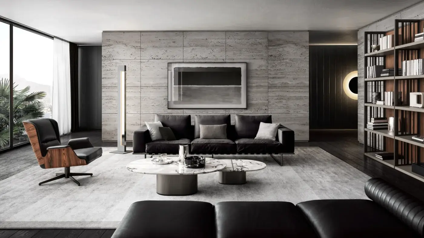 Distinguished 4 Mariani Giotto coffee table with light marble and dark lacquered plywood, presenting a smooth semi-gloss finish