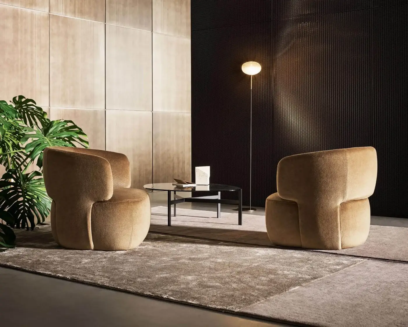Distinguished Bonaldo Doge lounge chair with automatic return, upholstered in medium-brown textile with a swivel metal base