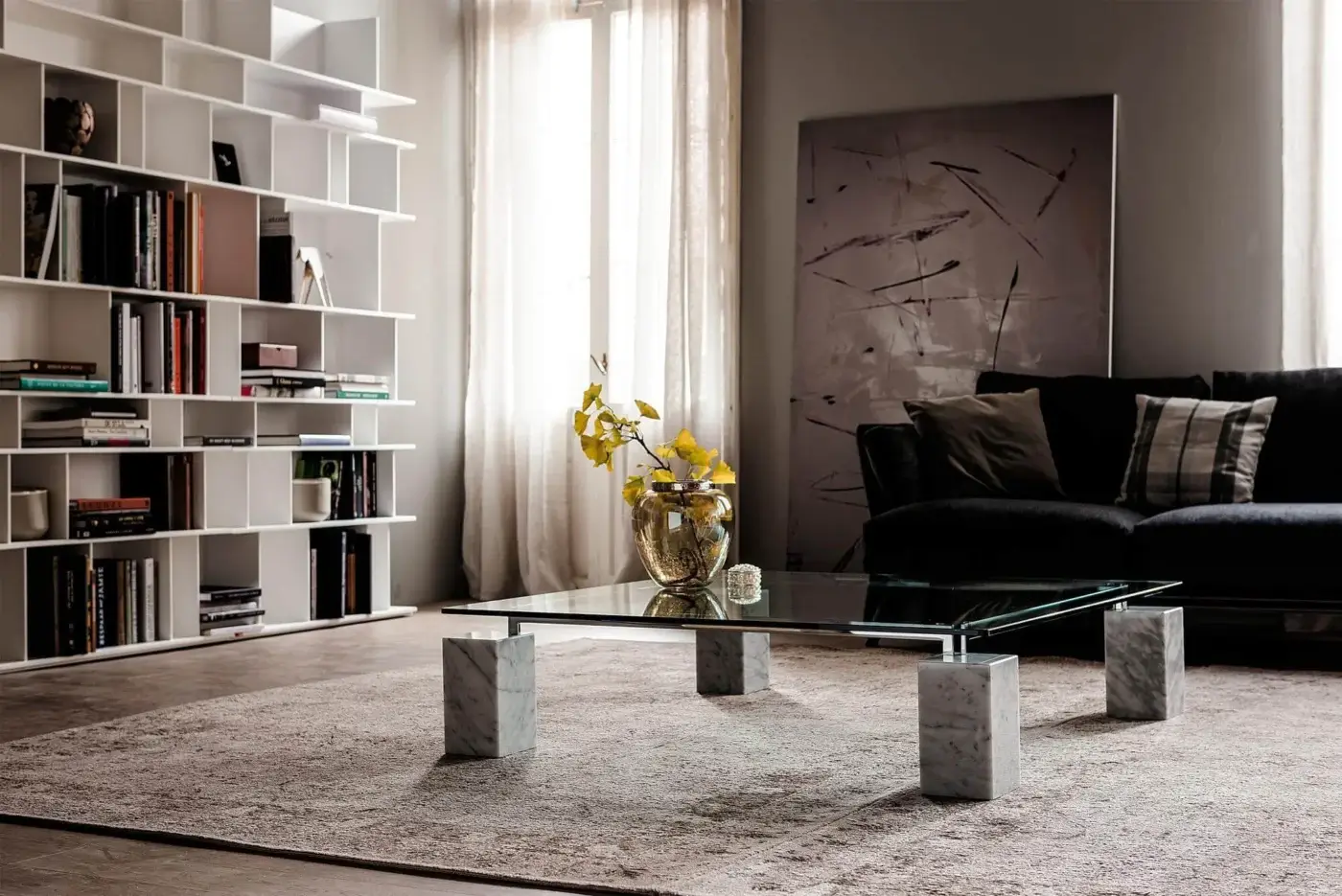 Exceptional Cattelan Italia Dielle coffee table with clear glass top and white Carrara marble feet in chromed metal