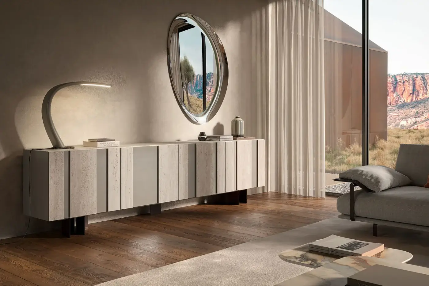 Superior Cattelan Italia Amsterdam sideboard with gray and beige ceramic inserts fitted into doors with a dark metal base