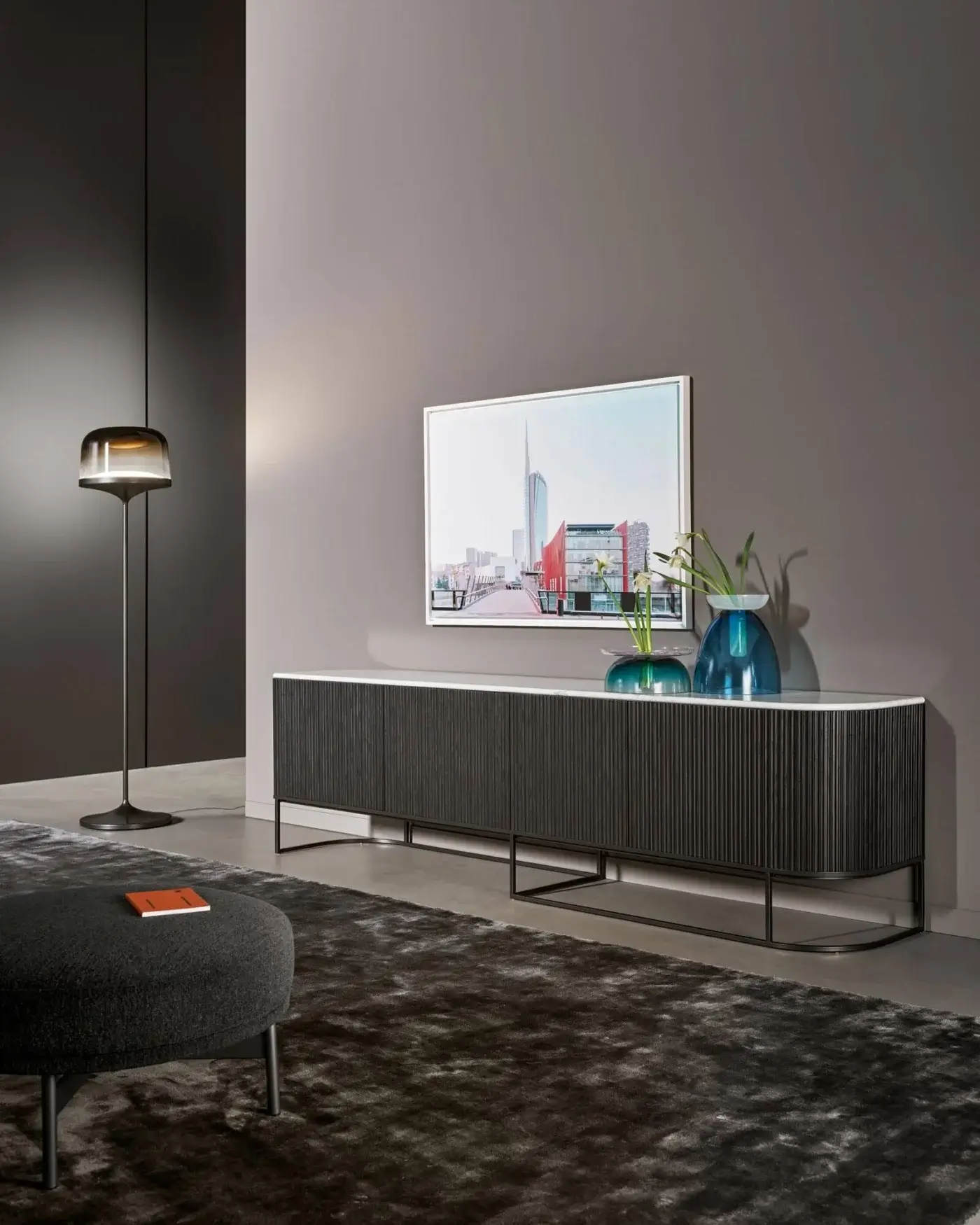Sophisticated Bonaldo Dune sideboard with coal oak veneered wood doors and lead metal base in matte finish