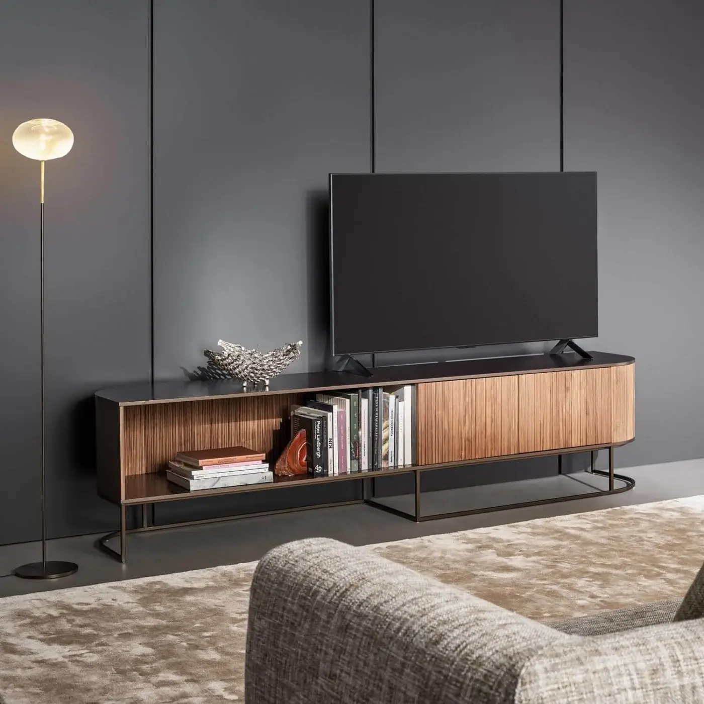 Distinguished Bonaldo Dune TV stand with lead lacquered wood, coal oak doors and lead metal base showcasing vertical ribbed texture