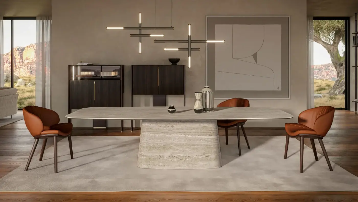 Distinguished Cattelan Italia Napoleon table with light beige Keramik top and uniquely sculpted layered Keramik base showcasing marble-inspired finish