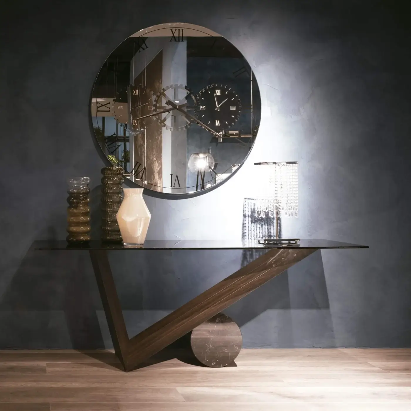 Exceptional Cattelan Italia Valentino console with Canaletto walnut base and transparent glass top in striking Travertine marble