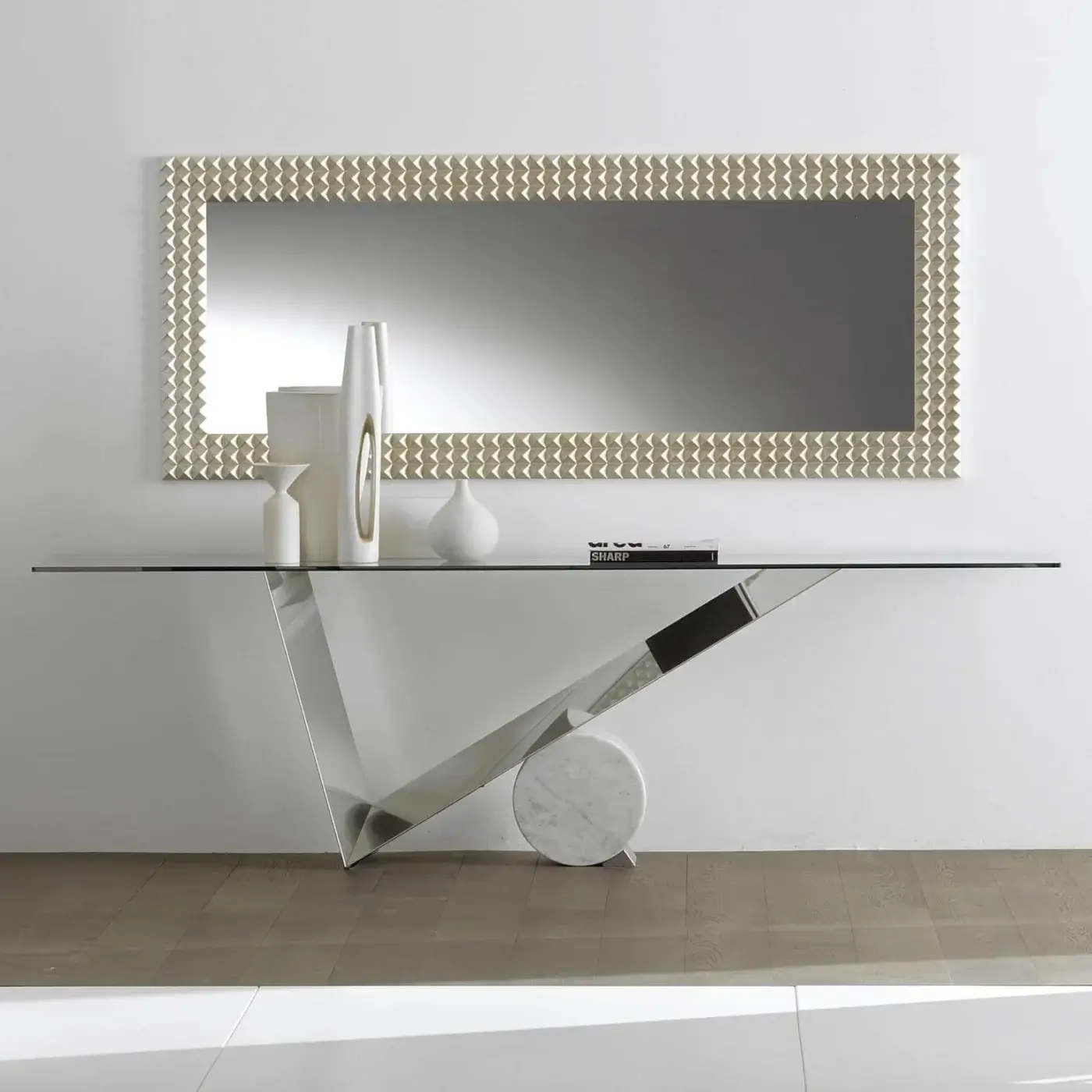 Sophisticated Cattelan Italia Valentinox console with clear glass top and polished stainless steel base, accented with white Carrara marble
