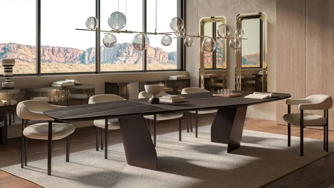 Exceptional Cattelan Italia Senator Wood table with a dark wood-like surface and chevron pattern in a matte finish