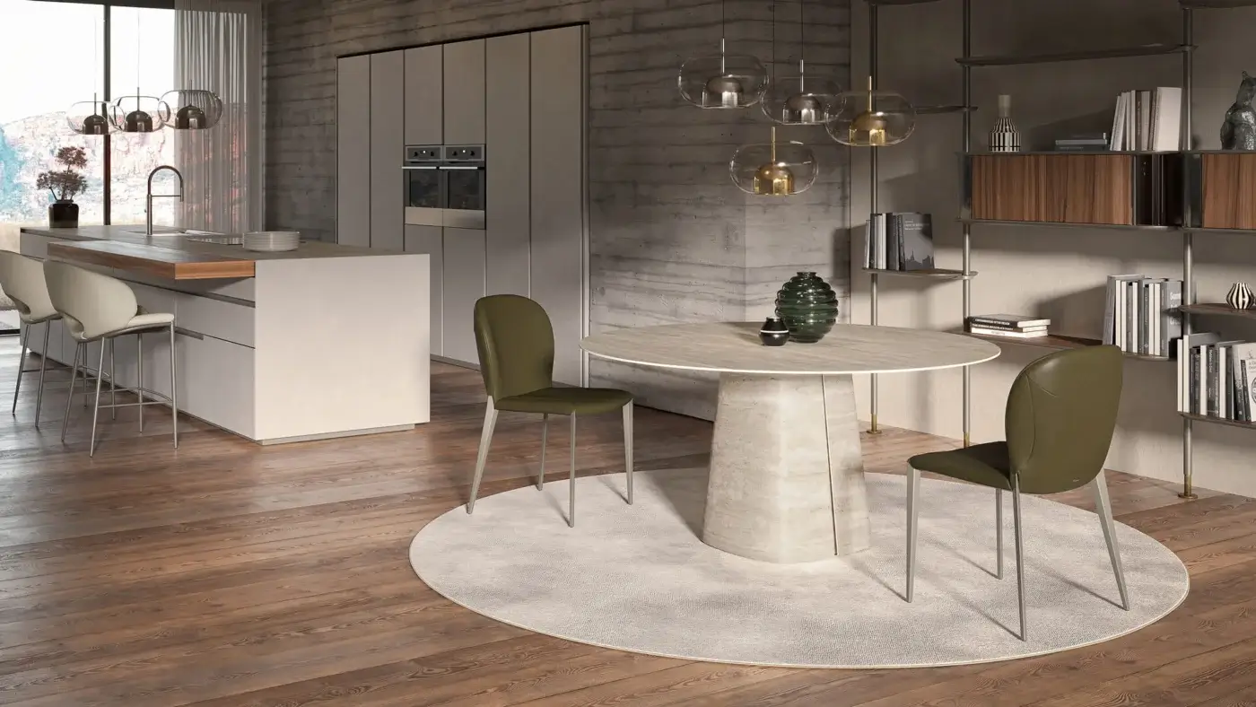Innovative Cattelan Italia Rado Keramik table with curved base crafted in textured matte ceramic and smooth tabletop