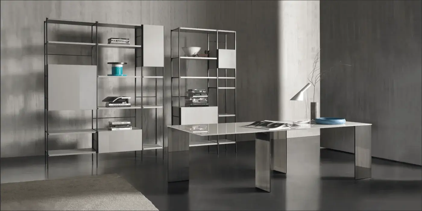 Elegant Acerbis Axis table with light gray back-lacquered glass and reflecting polished stainless steel legs