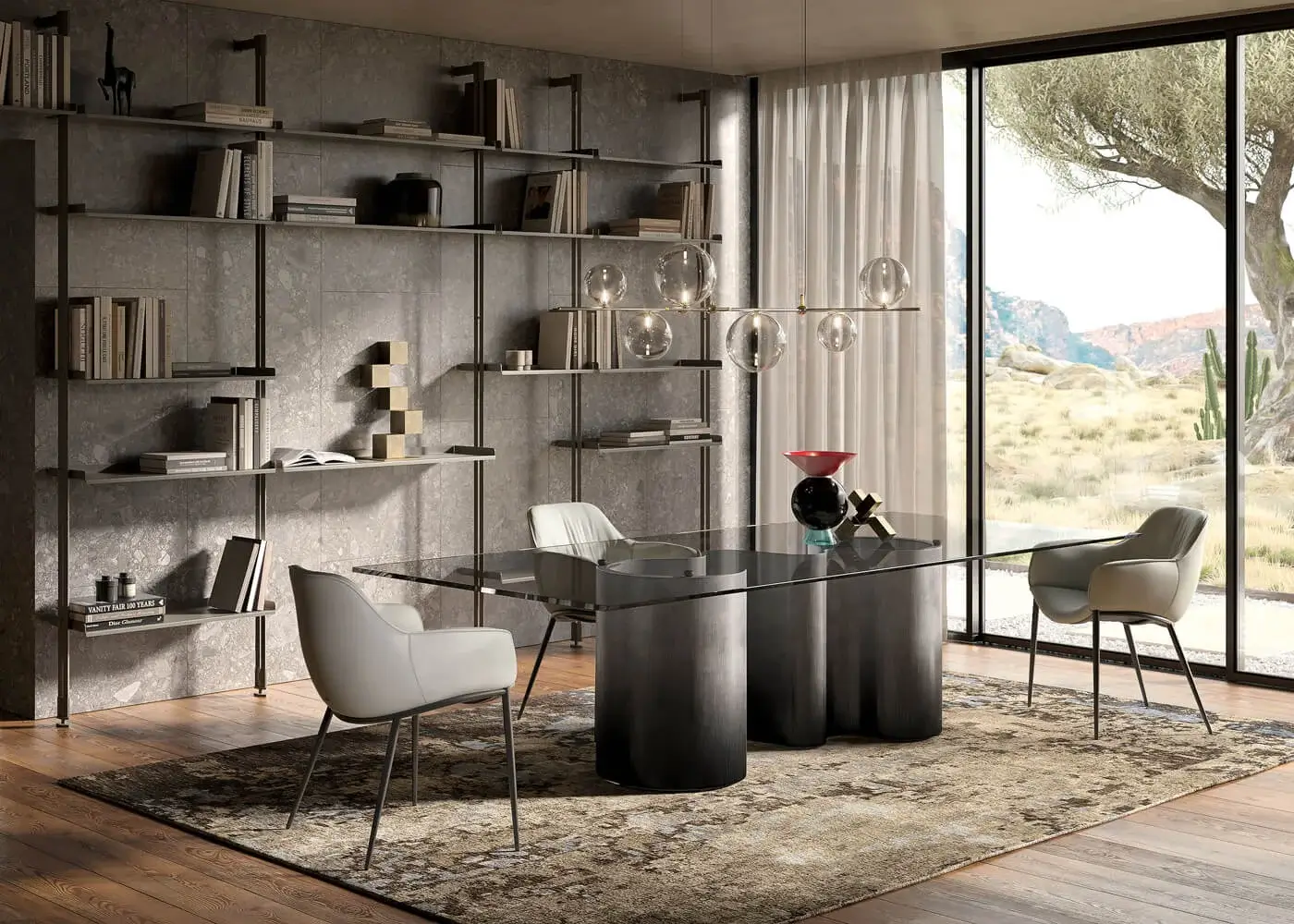 Distinguished Cattelan Italia Papel table with a transparent glass top and hand-brushed metal base exhibiting gradient gray tones