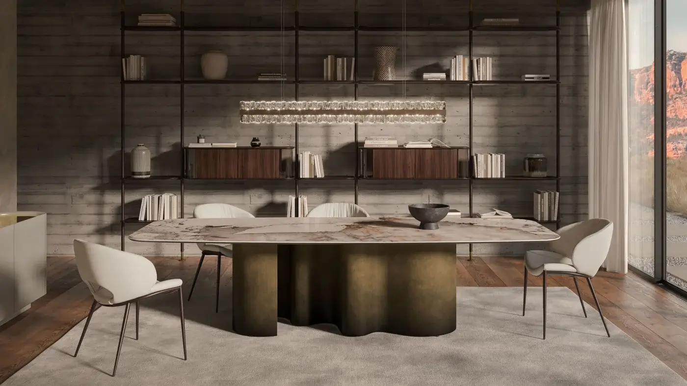 Harmonious Cattelan Italia Papel Keramik table with light beige and brown marbled ceramic and sculptural metal base in bronze-like finish