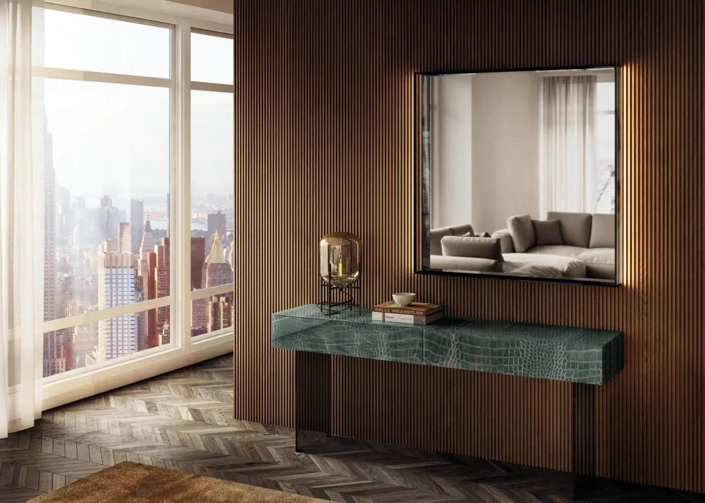 Exceptional Lago Materia console with dark green XGlass displaying a faux crocodile skin texture and sleek metal legs