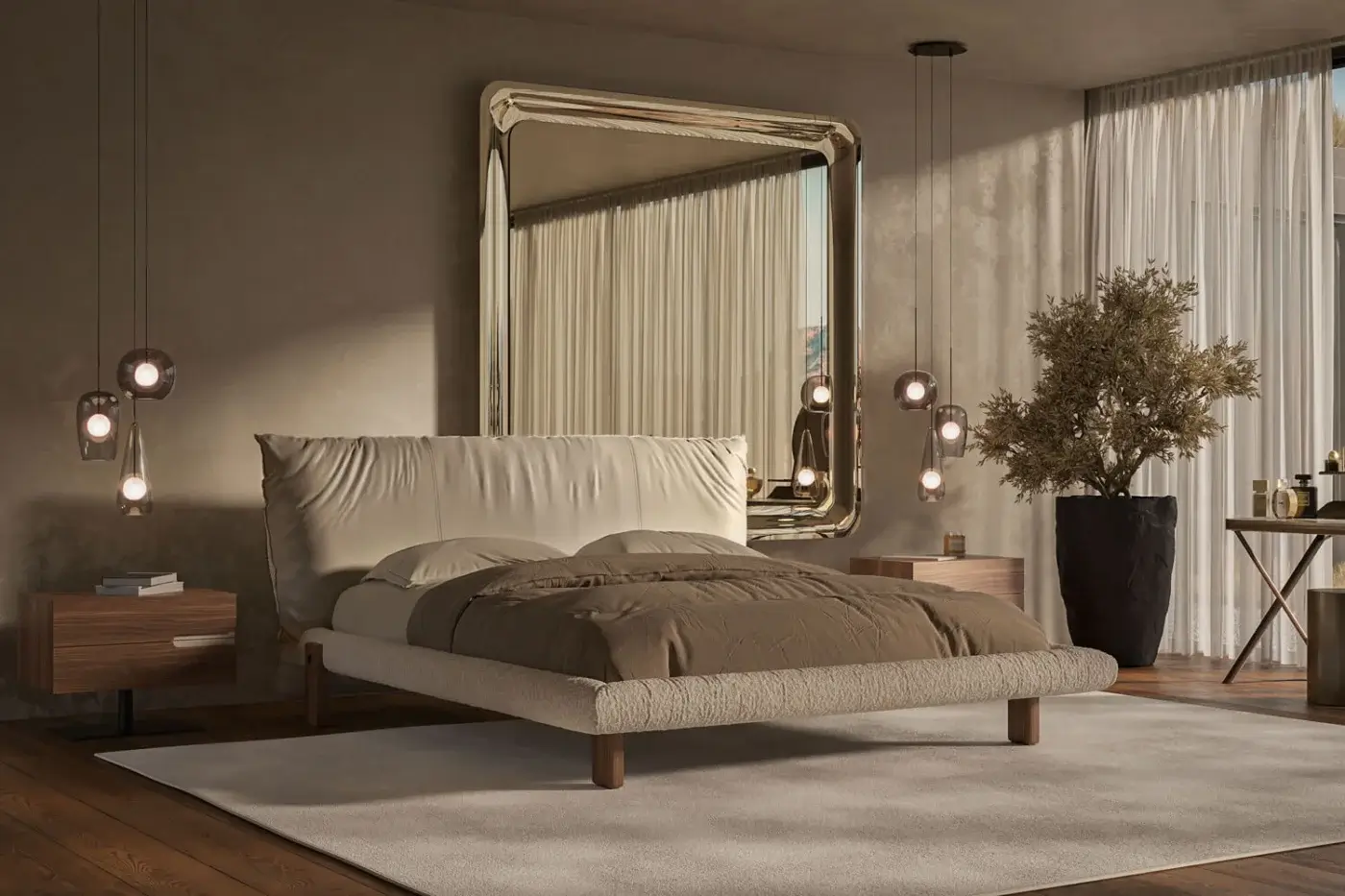 Distinguished Cattelan Italia Pascal bed with cream leather upholstery, textured fabric and dark wooden feet