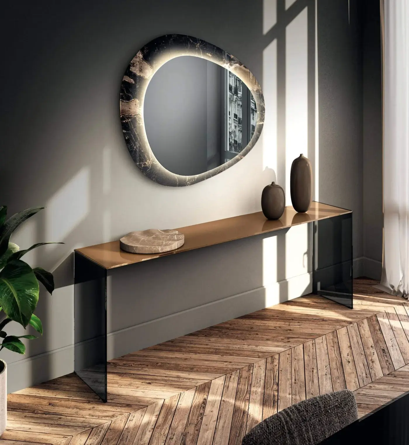 Distinguished Lago Fine Console with golden glass top and painted grey support built with precision glass workmanship