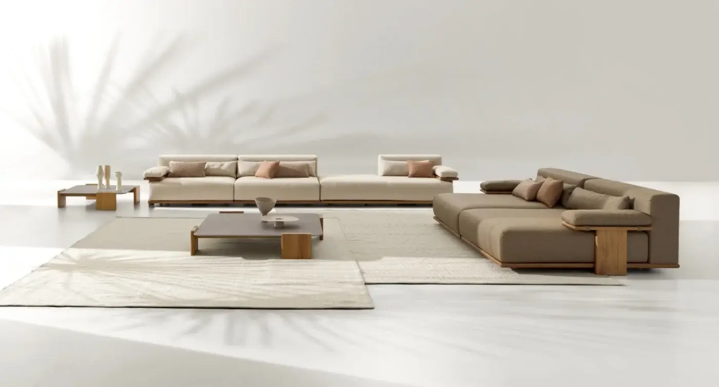 Exceptional Ditre Italia Tao sectional with light beige and earthy brown textiles, built with a shaped Iroko wood base and integrated wooden side tables