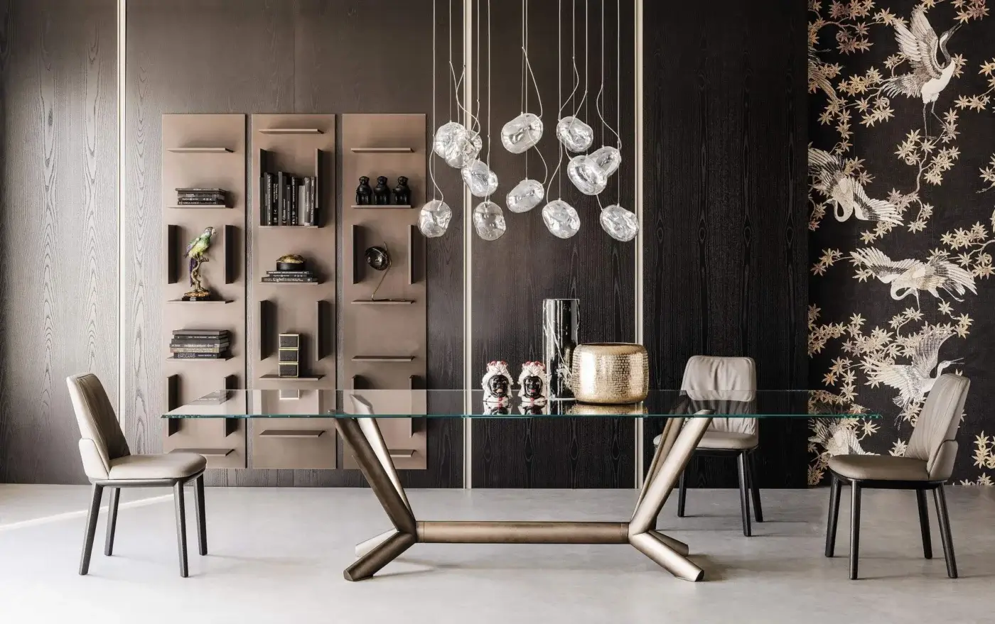 Exceptional Cattelan Italia Fifty bookcase presenting a light brown matte finish with staggered asymmetrical shelving