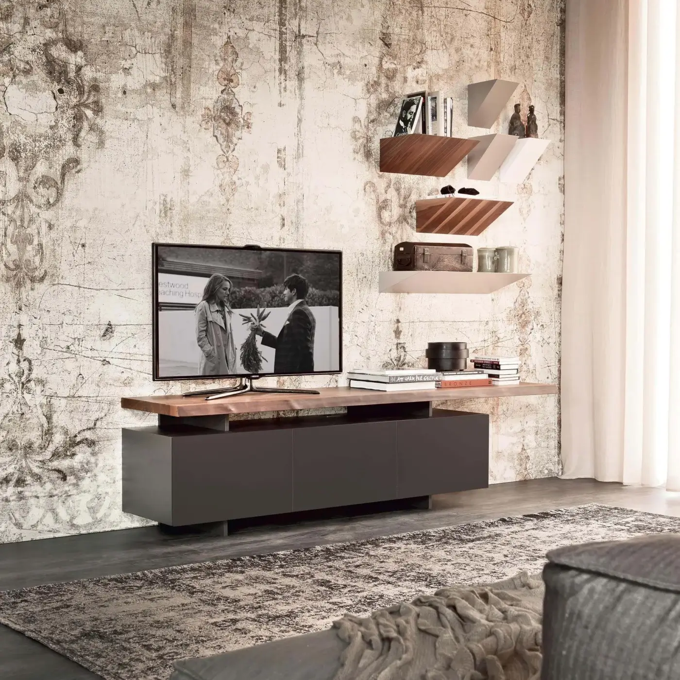Distinguished Cattelan Italia Pendola shelf with geometric silhouettes in Canaletto walnut and white embossed lacquered wood construction
