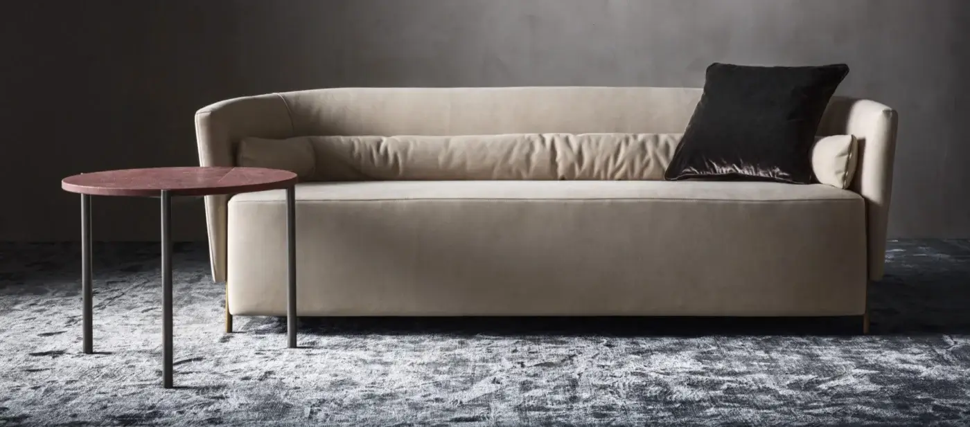 Exceptional OAK Melodia sofa with light beige fabric upholstery and curved silhouette built with sleek painted metal feet