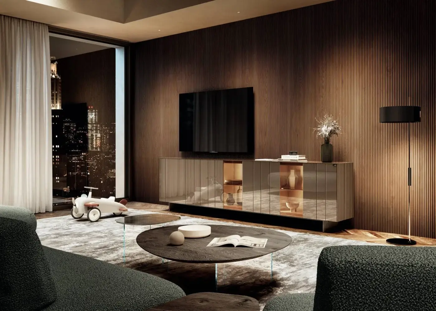 Superior Lago Pleasure coffee table with irregular curved tops in dark-toned wood and transparent glass legs