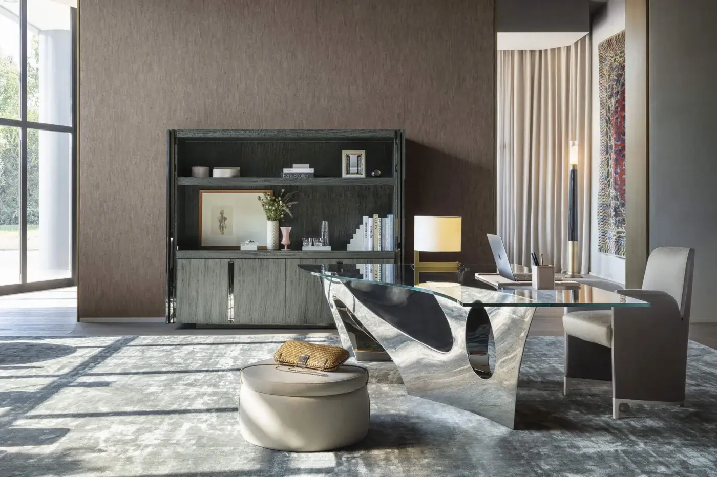 Distinguished OAK Canzone TV cabinet with grey-toned wood and folding doors, built with painted metal handles and internal lighting