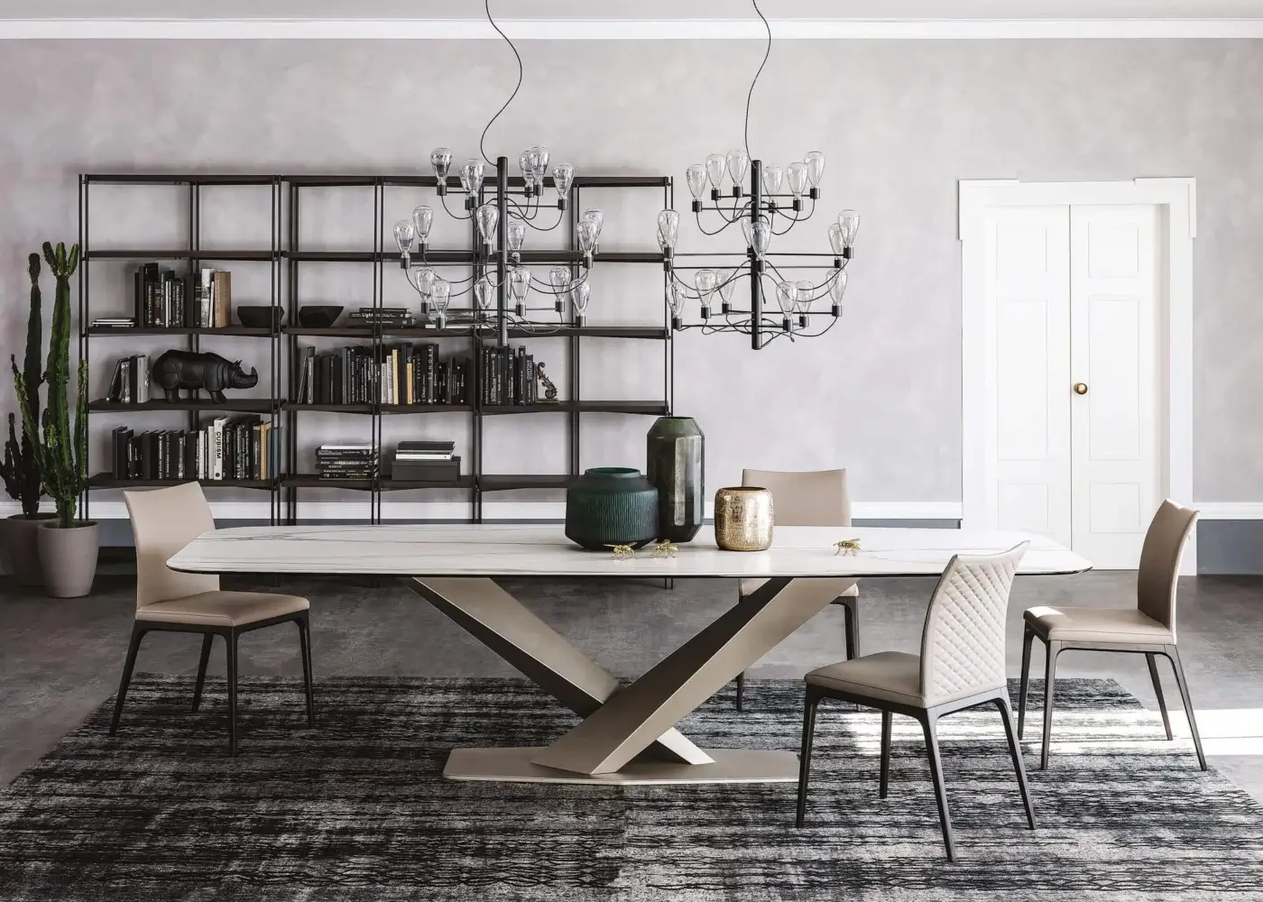 Exclusive Cattelan Italia Stratos table with Marmi Alabastro ceramic top and titanium embossed lacquered steel base in a light brown hue