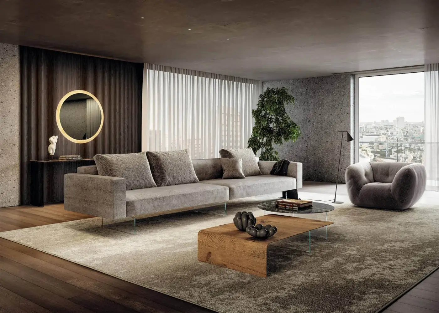 Elegant Lago Air sofa with a modular design upholstered in matte grey textile and clear tempered glass legs