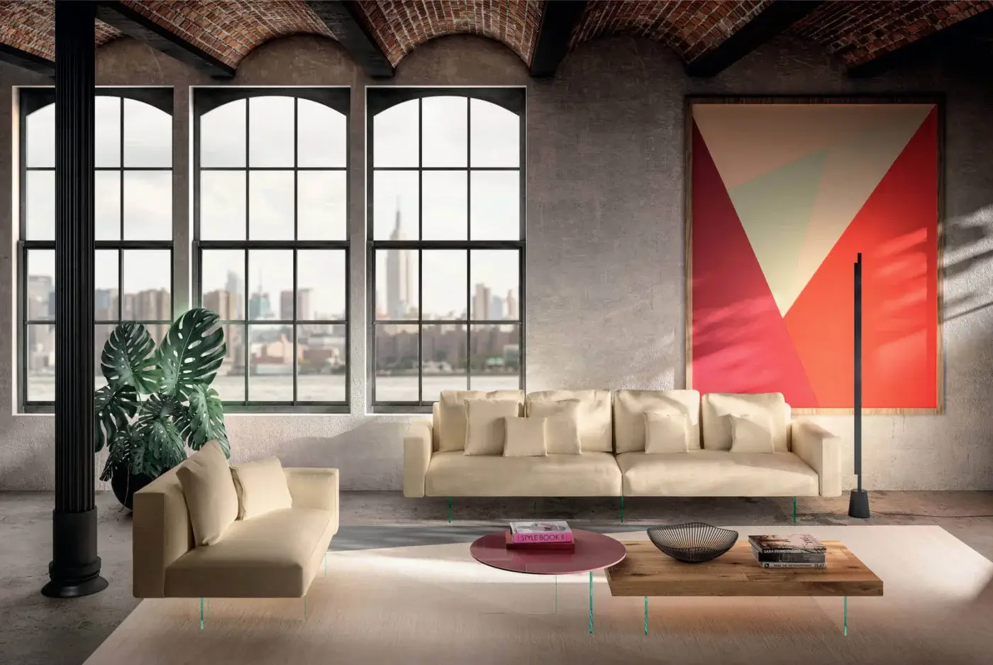Superior Lago Air sofa with a modular design upholstered in light beige textile and smooth matte finish