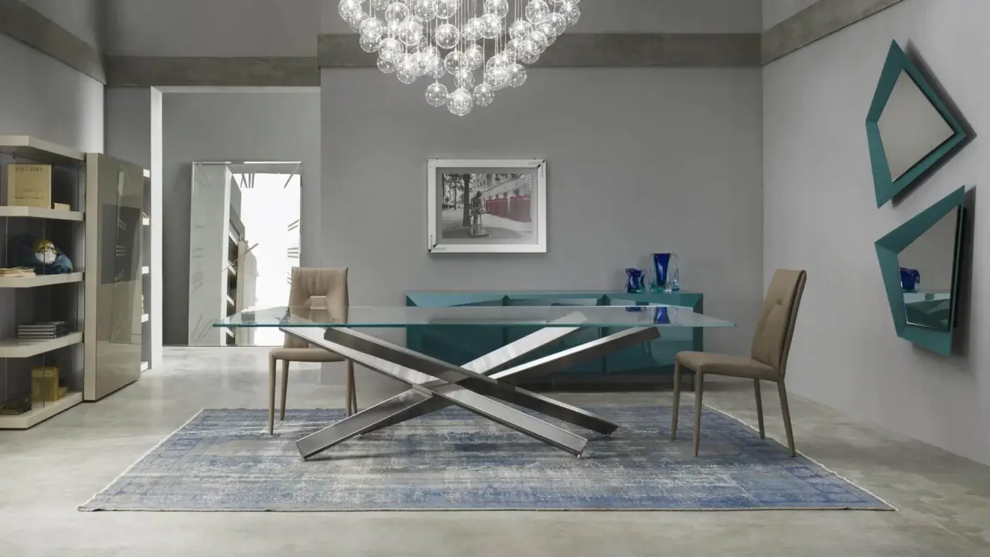 Exceptional Reflex Mikado table with transparent glass and brushed matte silver-toned iron base crafted in Italy