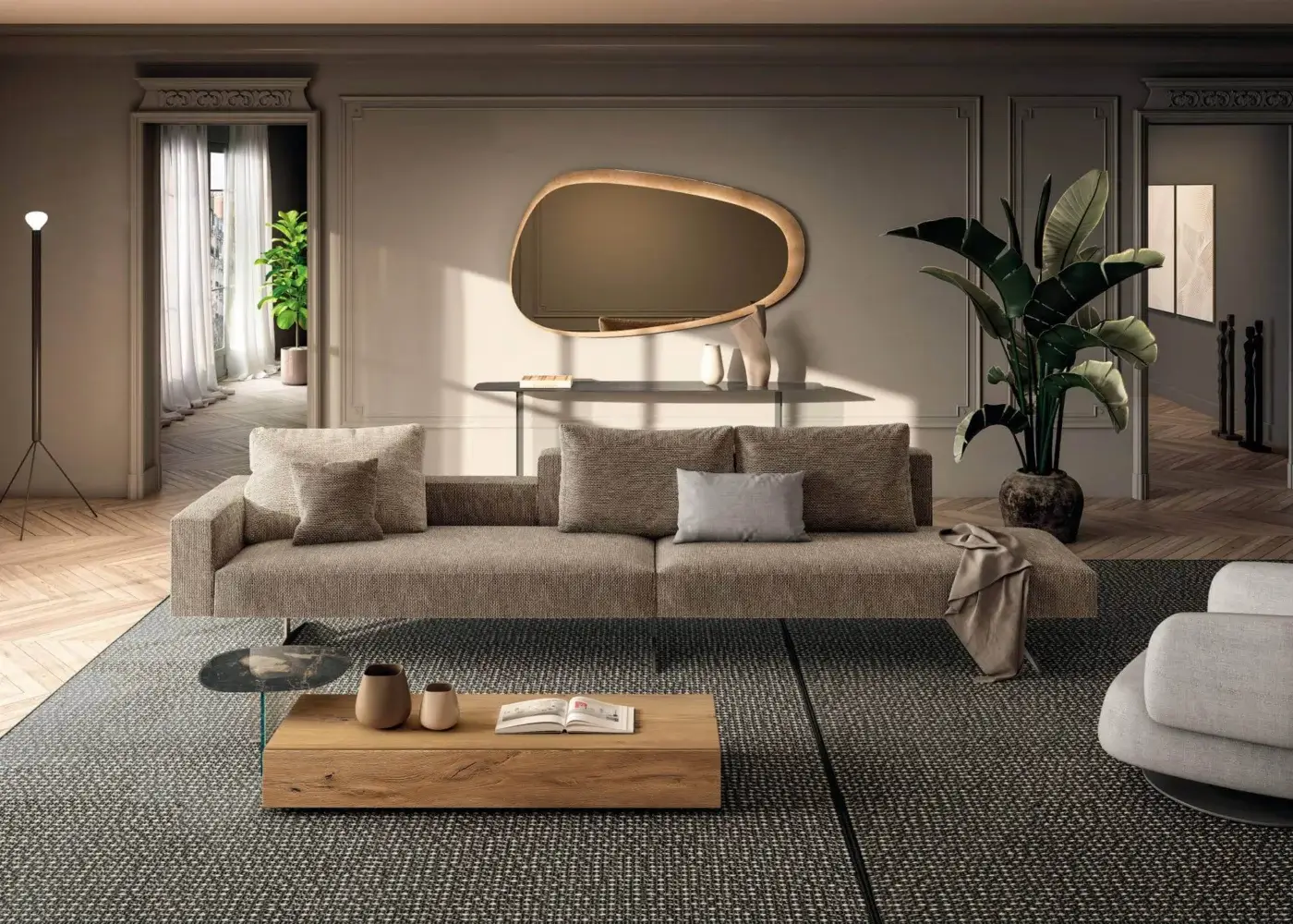 Distinguished Lago Air sectional with textured matte brown textile and extra-clear tempered glass legs for a modern aesthetic