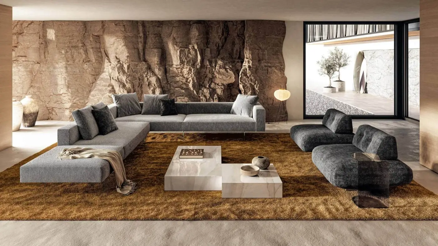 Lavish Lago Air sectional with light gray woven textile and extra-clear tempered glass legs for a floating effect