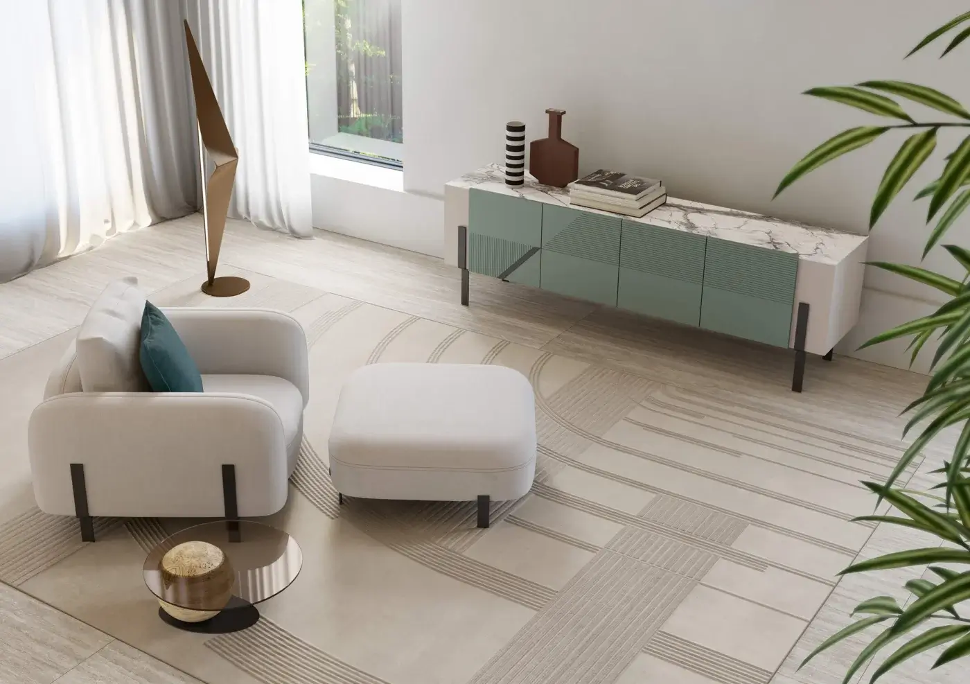 Elegant Bizzotto Italia Amulet lounge chair upholstered in light beige woven textile with titanium finished legs and a teal cushion